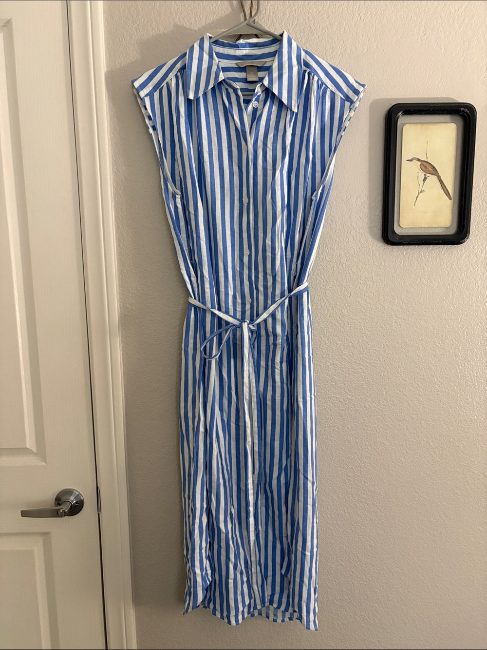 H&M, Sleeveless Blue and White Striped Shirt Dress